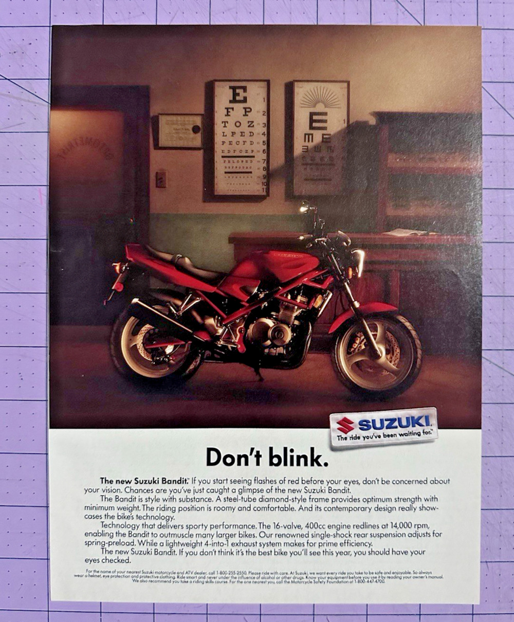 1991 Suzuki Bandit Red 400cc Motorcycle See Flashes Don't Blink Print Ad